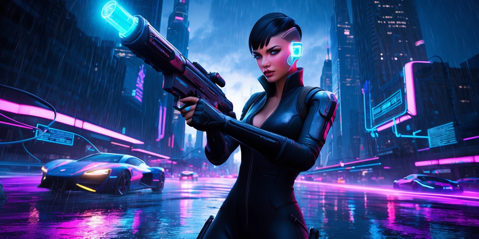 A futuristic cyberpunk revival shooter game scene set in a neon-lit, rain-soaked metropolis at dusk, with a female protagonist in the foreground, clad in a sleek black jumpsuit, her hair styled in a bold, short pixie cut, and her eyes glowing bright blue from the implant on her left temple, holding a high-tech rifle with a glowing blue barrel, surrounded by holographic displays and wires, against a backdrop of towering skyscrapers and flying cars zipping by, with a vibrant color scheme of blues, purples, and neon greens, and a sense of high-octane action and intensity.