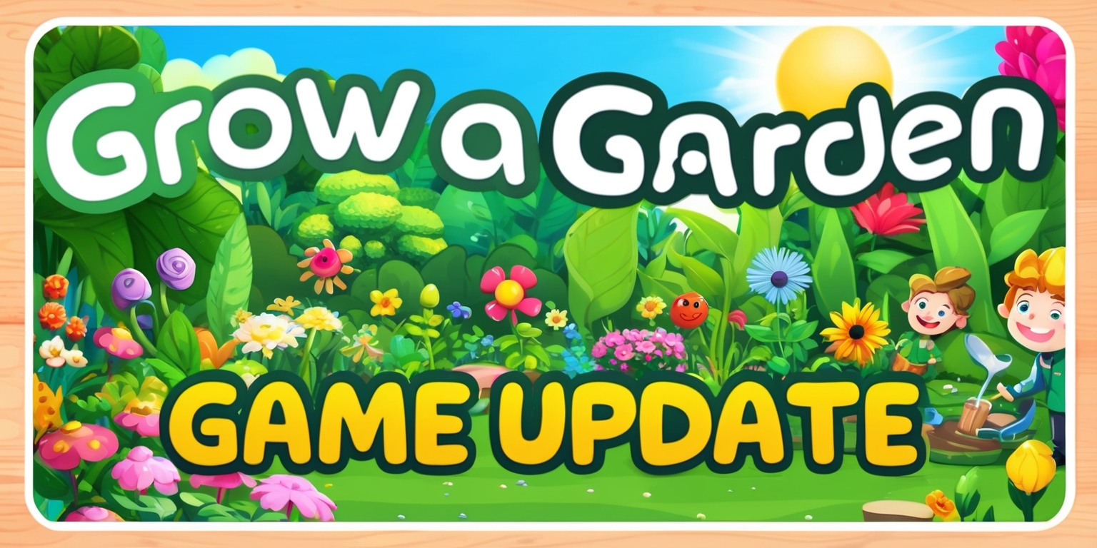 A vibrant and colorful digital illustration of a garden in bloom, with lush greenery, vibrant flowers of various shapes and sizes, and a bright sunny sky in the background, announcing the Grow a Garden game update, featuring large bold text in a playful modern font with the words Grow a Garden in a curved line above the garden scene, and the words game update written in smaller text in a straight line below the garden scene, with a few animated gardening tools and smiling cartoon characters scattered throughout the garden, surrounded by a thin white border with a subtle wooden texture, giving it a natural and earthy feel.