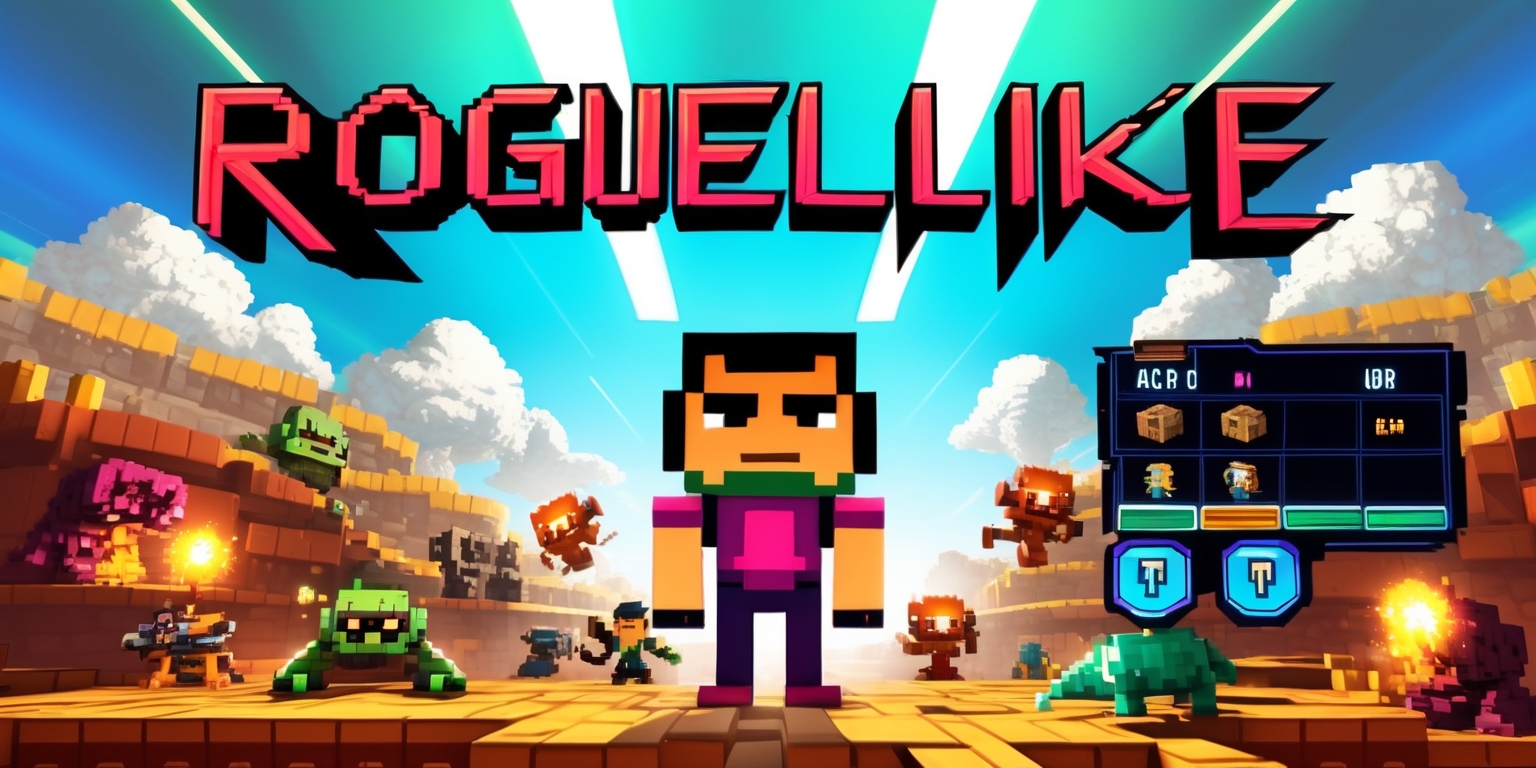 A colorful digital illustration of a roguelike platformer game scene, featuring a pixelated protagonist with distinctive facial features and vibrant skin tone, standing in front of a procedurally generated background with a mix of earthy tones and bright colors, surrounded by monstrous creatures and hidden treasures, with a bold, sans-serif font displaying the game's logo and UI elements, such as health bars and inventory slots, in a stylized, futuristic layout, set against a dynamic, gradient blue sky with fluffy white clouds, and incorporating visual effects like glowing particles and lighting beams to enhance the overall aesthetic and sense of adventure.