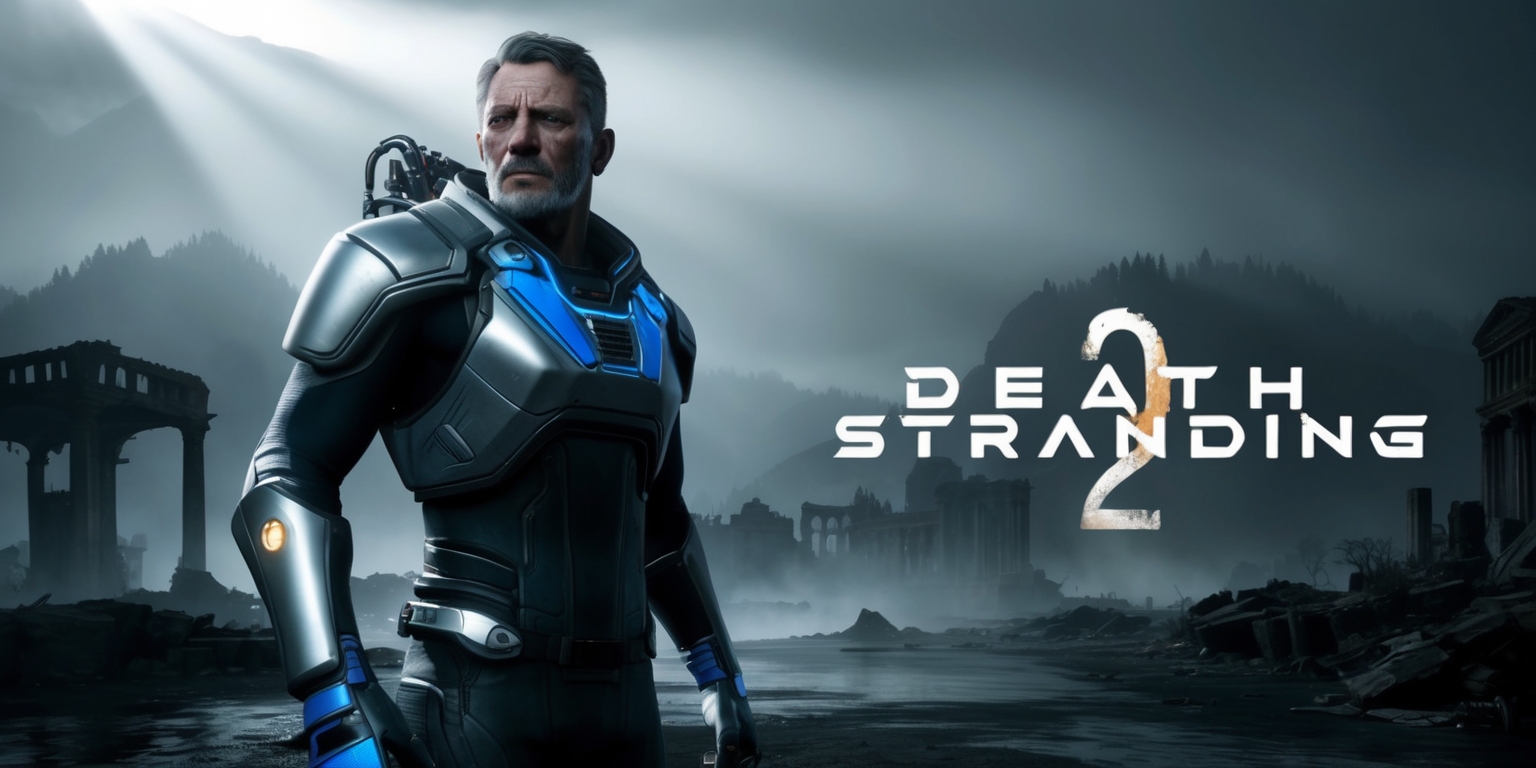 A futuristic screenshot from the Death Stranding 2 game, with a focus on the main character, Sam Porter Bridges, wearing his iconic exosuit, featuring a metallic silver and black color scheme, with vibrant blue accents, set against a hauntingly beautiful post-apocalyptic backdrop of ruins and misty mountains, under a dark grey sky with rays of sunlight peeking through, with a cinematic composition, and sharp, detailed textures, showcasing the character's rugged facial features, and weathered skin, with a determined expression, and subtle, yet striking, visual effects, including subtle lens flares, and nuanced lighting, with the game's title, Death Stranding 2, subtly embedded in the scenery, in a stylized, metallic font, with a faint glow effect.
